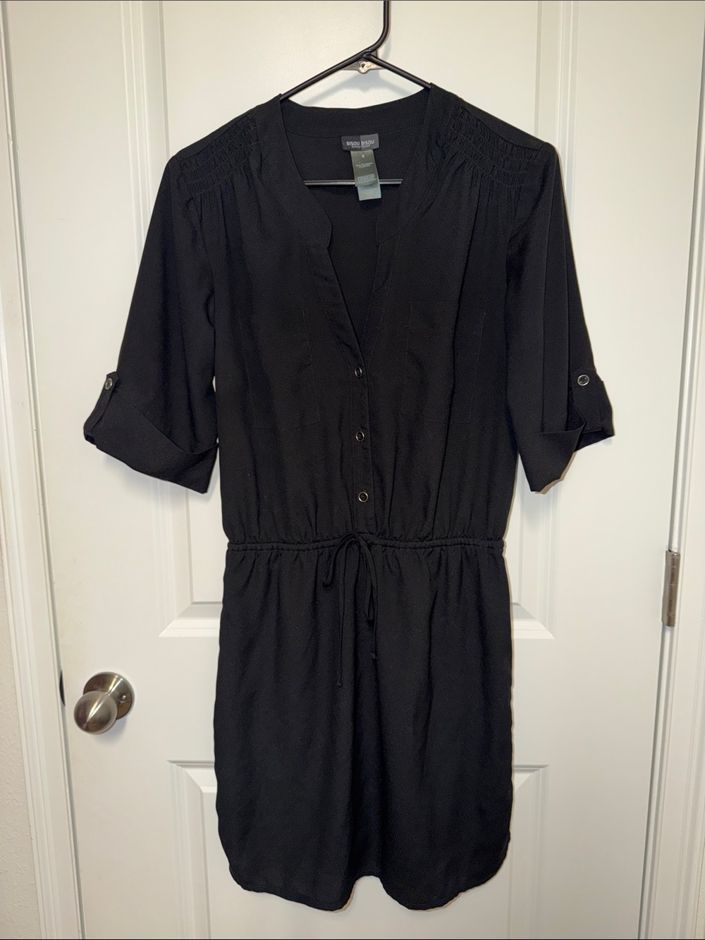 Bisou Bisou Black Button-Front Drawstring Midi Shirt Dress